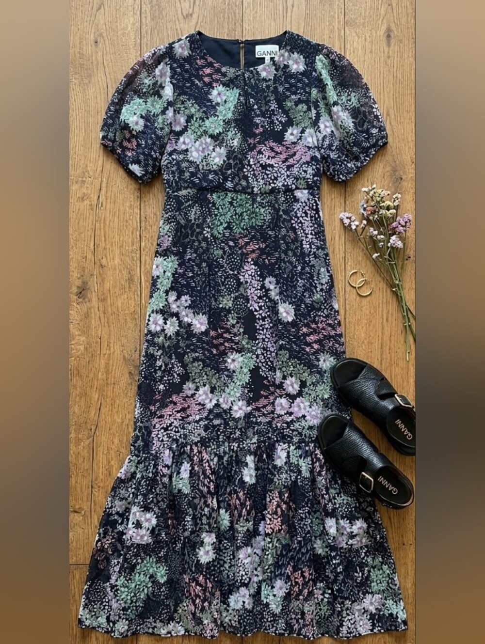DARK PINK London Flowy Floral Maxi Dress Open Back Ruffled Accents Wedding Guest